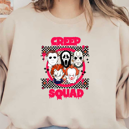 Un diseño vibrante que presenta personajes icónicos de películas de terror con el texto en negrita "Creep Squad" en un estilo divertido y colorido.