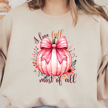 A charming pink-striped pumpkin adorned with a bow, surrounded by colorful flowers, celebrates the joy of fall. heat press transfers