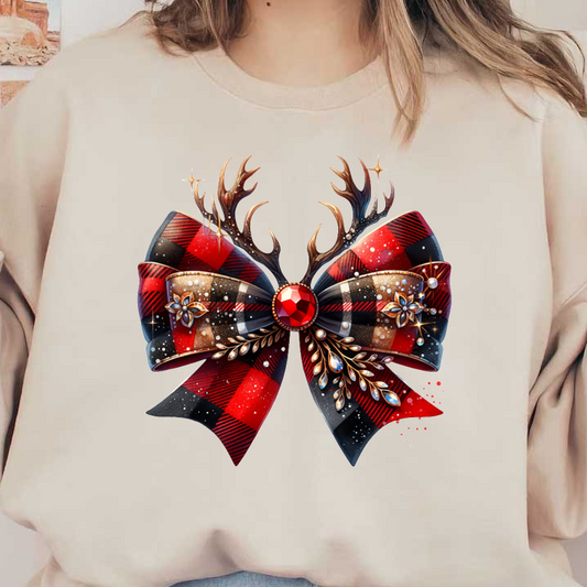 Lazo festivo a cuadros rojos y negros adornado con joyas y astas, perfecto para decoraciones navideñas o para envolver regalos.