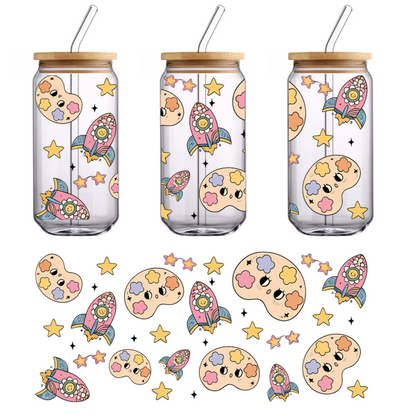 A colorful, whimsical pattern featuring adorable beans, rockets, and stars, perfect for a playful, creative vibe.UV Transfers dtf prints