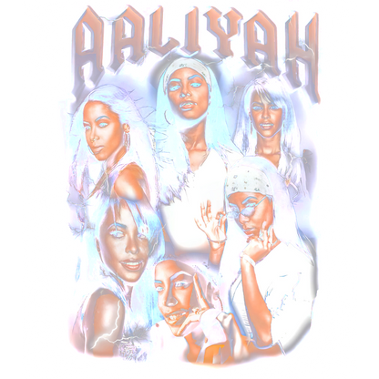 A vibrant graphic tribute to Aaliyah, featuring multiple artistic images of her with striking colors and a bold title.DTF Transfers dtf prints