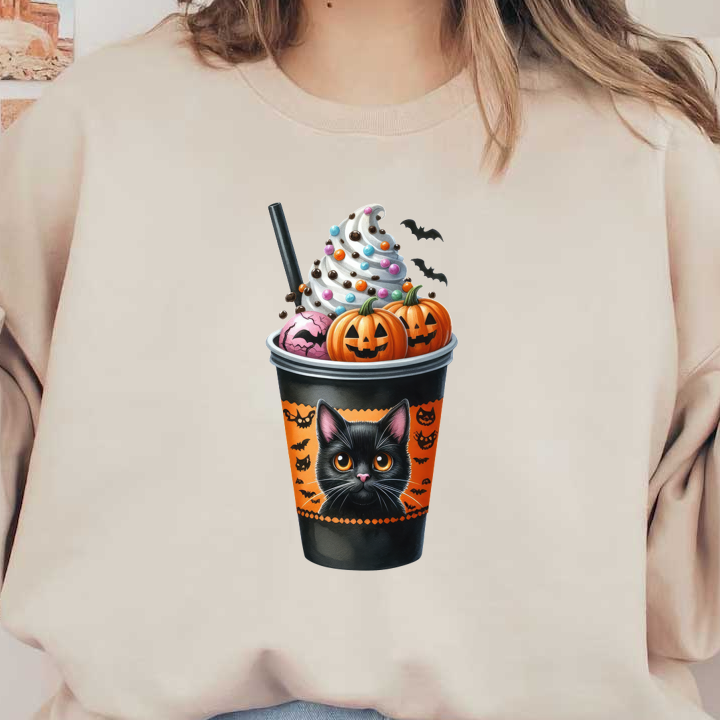 ¡Disfruta de una taza de postre festiva con temática de Halloween cubierta con remolinos de crema, chispas de colores y divertidos detalles de calabazas y gatos!