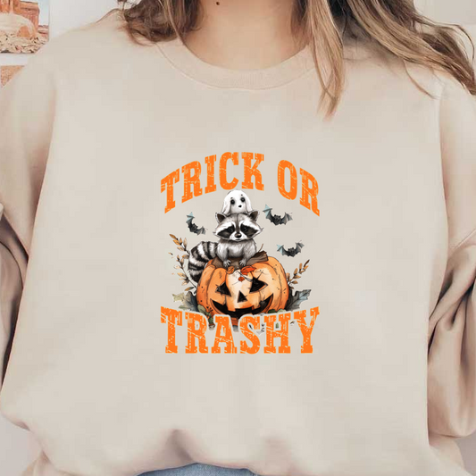 A whimsical Halloween design featuring a raccoon and a ghost atop a carved pumpkin with the playful phrase "Trick or Trashy." dtf transfers