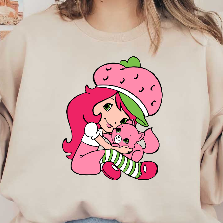 A cheerful cartoon girl with pink hair and a strawberry hat hugs her cute pink kitten, showcasing a playful and colorful style.DTF Transfers