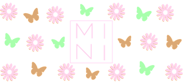 A vibrant design featuring pastel flowers and butterflies surrounding the word "MINI" in a stylish geometric frame.UV Transfers dtf transfers