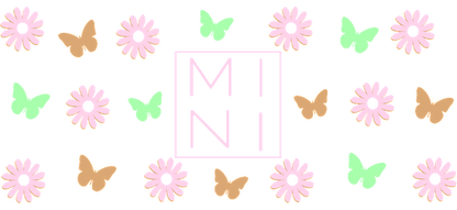 A vibrant design featuring pastel flowers and butterflies surrounding the word "MINI" in a stylish geometric frame.UV Transfers dtf transfers