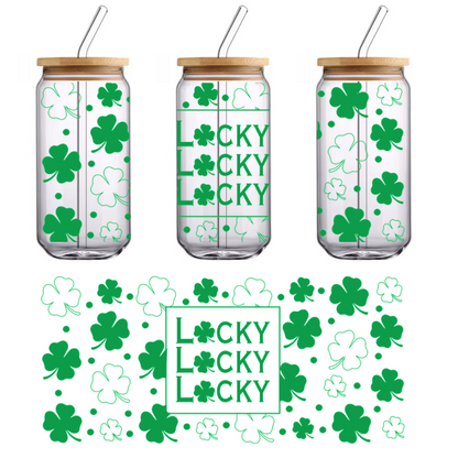 Celebrate luck with this vibrant green design featuring the word "Lucky" surrounded by clovers!UV Transfers dtf transfers dtf transfers