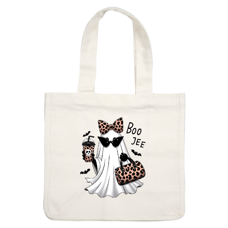 A stylish ghost holding a leopard print bag and drink, exuding chic vibes!DTF Transfers