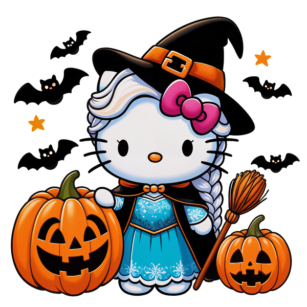 A cute Halloween-themed Hello Kitty dressed as a witch, surrounded by carved pumpkins and bats, spreading festive cheer.DTF Transfersdtf regular iron