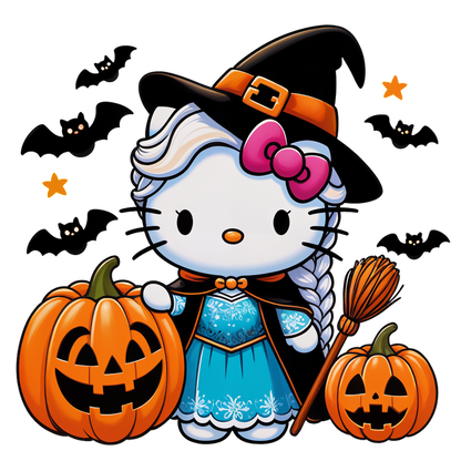 A cute Halloween-themed Hello Kitty dressed as a witch, surrounded by carved pumpkins and bats, spreading festive cheer.DTF Transfersdtf regular iron