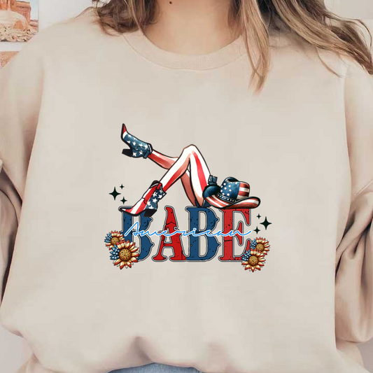 A vibrant graphic featuring a playful design of patriotic legs, stylish heels, and a cowboy hat, celebrating an "American Babe." dtf prints