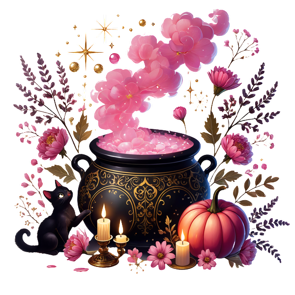 Un caldero negro mágico emite una niebla rosada, rodeado de flores, una calabaza, velas y un gato negro juguetón.