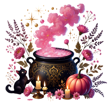 Un caldero negro mágico emite una niebla rosada, rodeado de flores, una calabaza, velas y un gato negro juguetón.