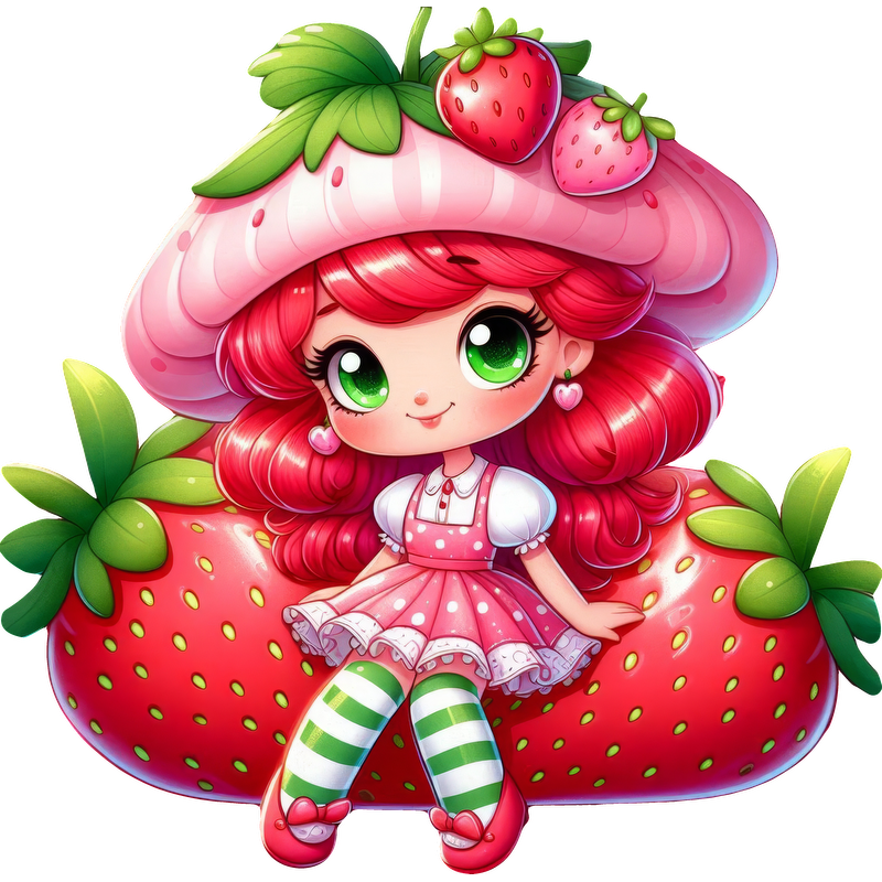 This whimsical, vibrant illustration features a cute girl with strawberry-themed attire, sitting against oversized strawberries with green leaves.DTF Transfers