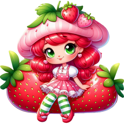 This whimsical, vibrant illustration features a cute girl with strawberry-themed attire, sitting against oversized strawberries with green leaves.DTF Transfers