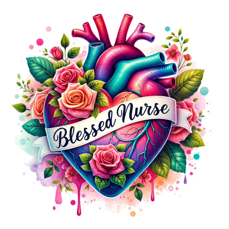 A vibrant illustration of a heart adorned with colorful roses and the phrase "Blessed Nurse" prominently displayed.DTF Transfers