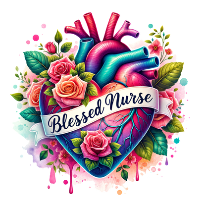 A vibrant illustration of a heart adorned with colorful roses and the phrase "Blessed Nurse" prominently displayed.DTF Transfers