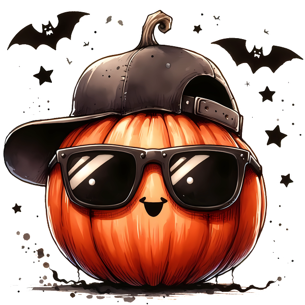 Meet this stylish pumpkin donning a black cap and cool sunglasses, exuding cheerful Halloween vibes with a playful smile! heat press transfers