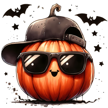 Meet this stylish pumpkin donning a black cap and cool sunglasses, exuding cheerful Halloween vibes with a playful smile! heat press transfers