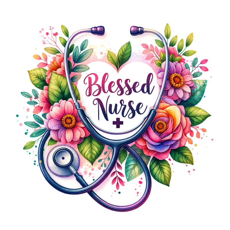 A vibrant design featuring a stethoscope and colorful flowers, highlighting the phrase "Blessed Nurse" in a heartfelt tribute.DTF Transfers