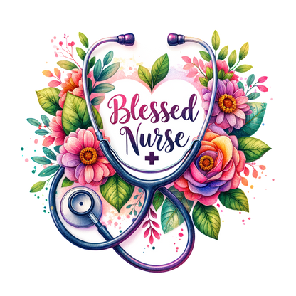 A vibrant design featuring a stethoscope and colorful flowers, highlighting the phrase "Blessed Nurse" in a heartfelt tribute.DTF Transfers