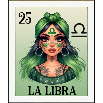 Esta vibrante ilustración presenta a una mujer con cabello verde y tatuajes intrincados, que encarnan el signo zodiacal de Libra.