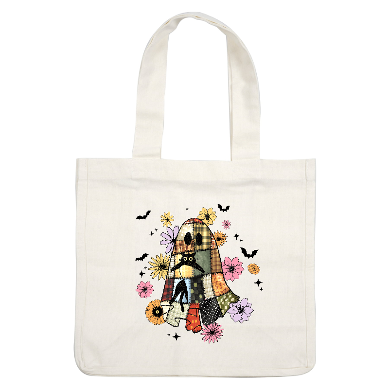 A whimsical patchwork ghost adorned with flowers and a playful cat.DTF Transfers