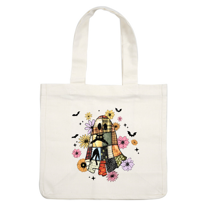 A whimsical patchwork ghost adorned with flowers and a playful cat.DTF Transfers