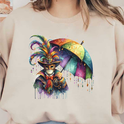 A vibrant, colorful figure adorned in a feathered hat and an ornate coat holds a multicolored umbrella, exuding a festive spirit.DTF Transfers