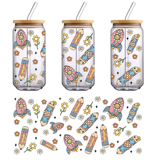 A whimsical pattern featuring colorful rockets and pencils surrounded by cheerful flowers, ideal for children's decor or stationery.UV Transfersdtf regular iron