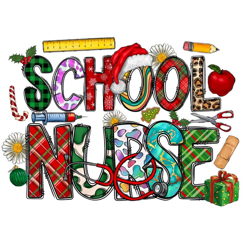 Colorful and festive "School Nurse" design featuring playful letters and school-related icons, perfect for celebrating health and education!DTF Transfersdtf regular iron