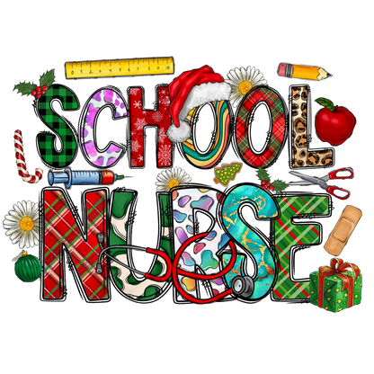 Colorful and festive "School Nurse" design featuring playful letters and school-related icons, perfect for celebrating health and education!DTF Transfersdtf regular iron