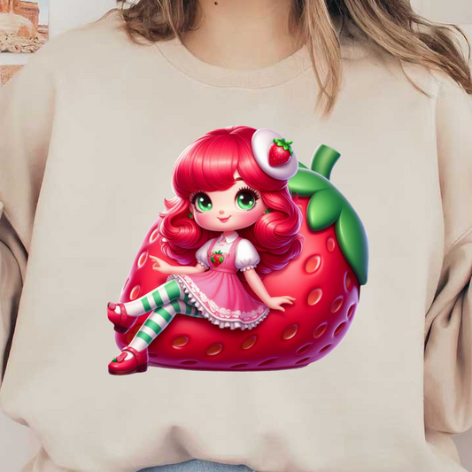 Meet a charming strawberry-themed character with vibrant pink hair, big green eyes, and a playful outfit, sitting on a giant strawberry!DTF Transfers