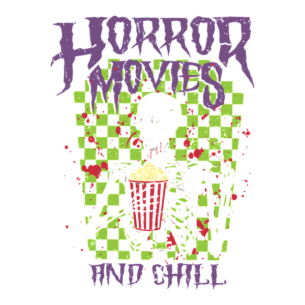 A quirky graphic featuring a skeleton holding popcorn, surrounded by a vibrant green and checkered background, perfect for horror movie lovers.dtf regular iron