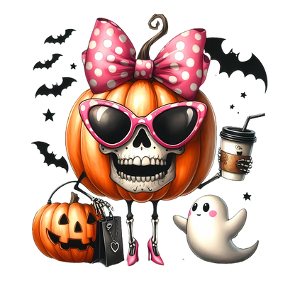 Un peculiar personaje de Halloween que presenta una cabeza de calabaza con gafas de sol, un lazo de lunares, un fantasma y una taza de café.