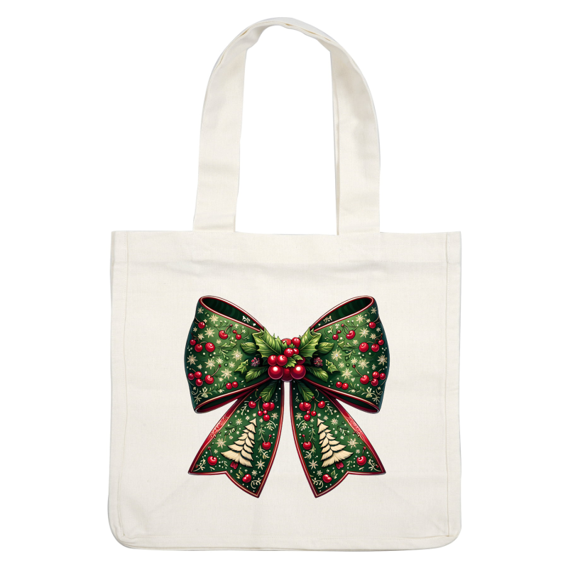 Festively designed, this large green bow adorned with holly, berries, and Christmas trees adds a cheerful touch to holiday decorations. dtf prints