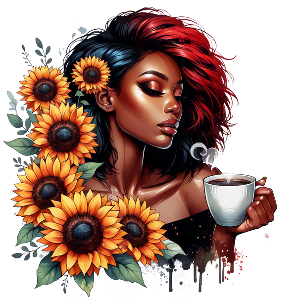 Una impresionante ilustración de una mujer con cabello rojo y negro vibrante, disfrutando de un café en medio de brillantes girasoles.