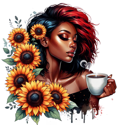 Una impresionante ilustración de una mujer con cabello rojo y negro vibrante, disfrutando de un café en medio de brillantes girasoles.