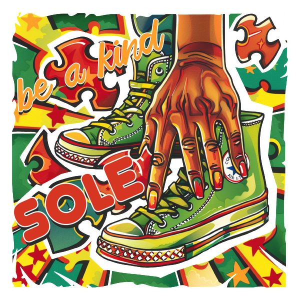 A vibrant graphic featuring green sneakers with playful designs and a hand, accompanied by the phrase "be a kind SOLE." heat press transfers