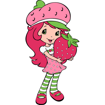 Meet a cheerful character with pink hair wearing a strawberry-themed hat, holding a big strawberry, dressed in colorful attire!DTF Transfers