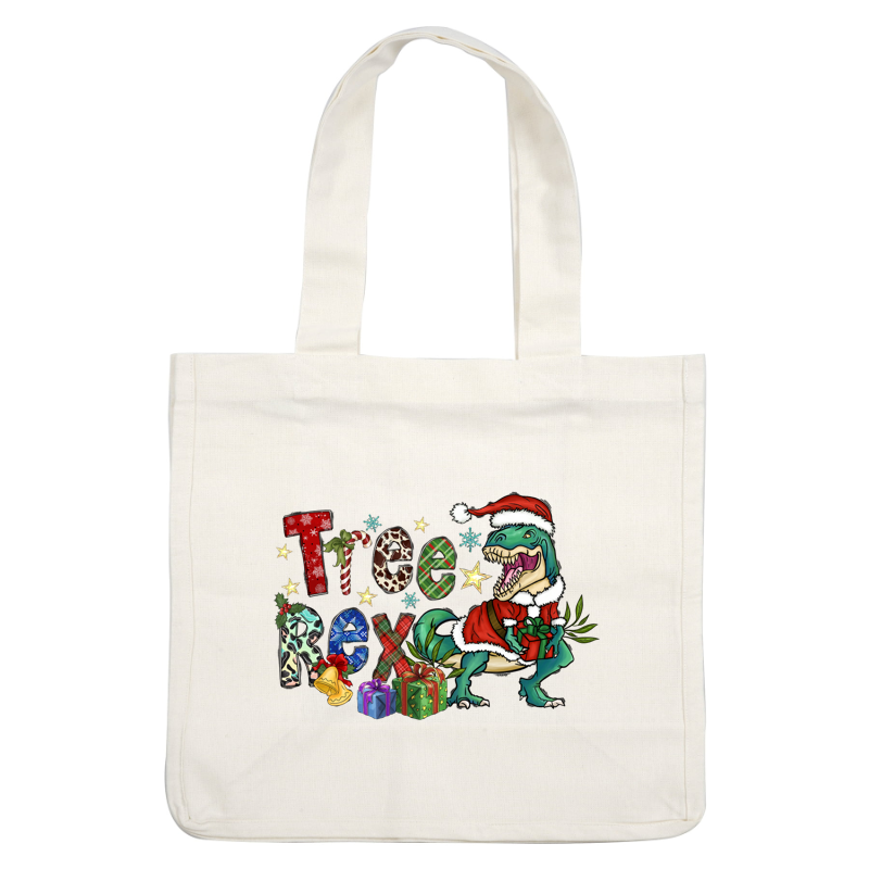 A festive and playful design featuring a dinosaur in a Santa hat, surrounded by colorful letters, gifts, and holiday decorations.DTF Transfers heat press transfers