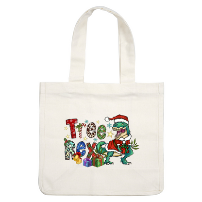 A festive and playful design featuring a dinosaur in a Santa hat, surrounded by colorful letters, gifts, and holiday decorations.DTF Transfers heat press transfers