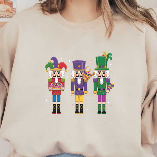 A colorful trio of festive nutcrackers, each adorned with unique outfits and accessories, perfect for celebrating holidays or themed events.DTF Transfers