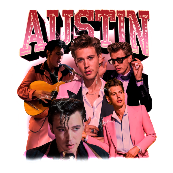 Un collage vibrante que presenta a un joven con un estilo retro, que muestra música y carisma con un audaz titular que dice "AUSTIN". Transferencias DTF