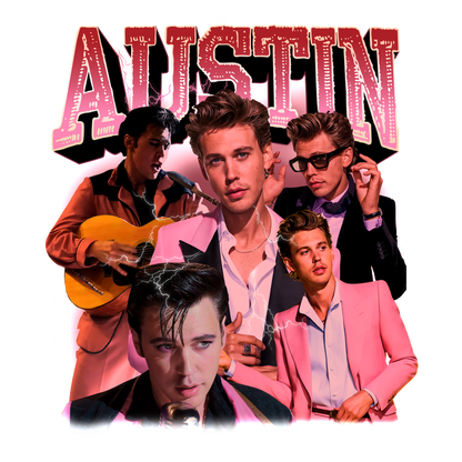 Un collage vibrante que presenta a un joven con un estilo retro, que muestra música y carisma con un audaz titular que dice "AUSTIN". Transferencias DTF