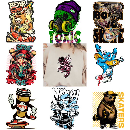 Skateboarding t-shirts featuring graphic designs and logos.DTF Transfers