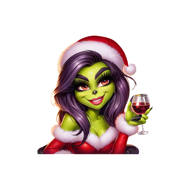 A festive animated character with green skin, wearing a Santa hat and red outfit, cheerfully holding a glass of wine.DTF Transfers dtf transfers