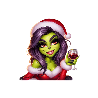 A festive animated character with green skin, wearing a Santa hat and red outfit, cheerfully holding a glass of wine.DTF Transfers dtf transfers