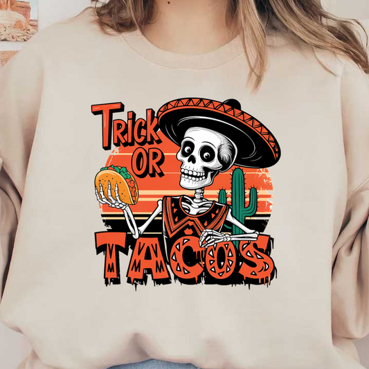 Un esqueleto juguetón con un sombrero sostiene un taco, con un diseño vibrante de "Trick or Tacos" y un fondo de desierto.