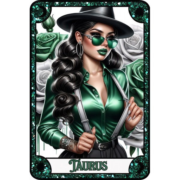 This artistic portrayal of Taurus features a stylish woman in a green blouse, black hat, and sunglasses, surrounded by roses.